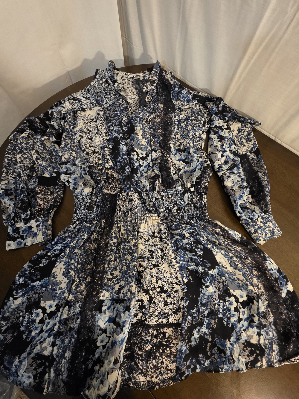 Parker Blue, Black & White Floral Sheer Open Shoulder Dress